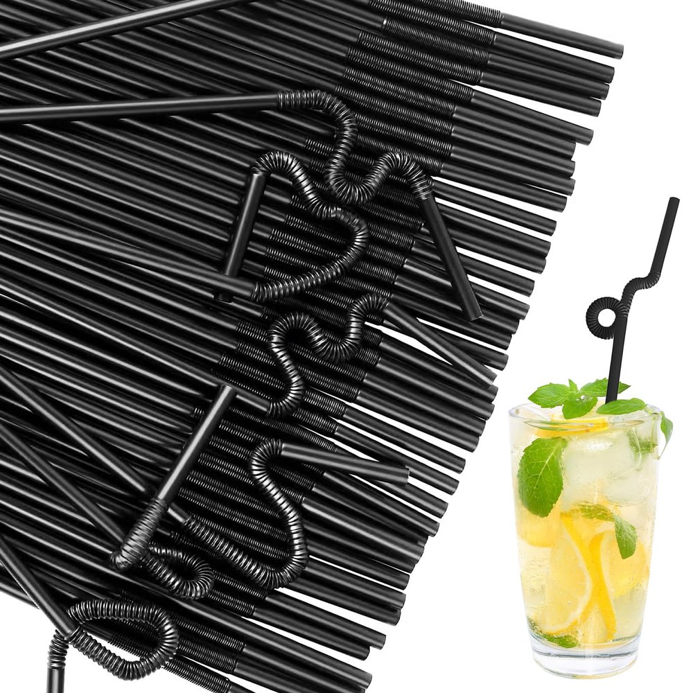 100PCS Disposable Flexible Plastic Drinking Straws,13inch Extra Long Straw Disposable Bendy Party Fancy Straws (Black)