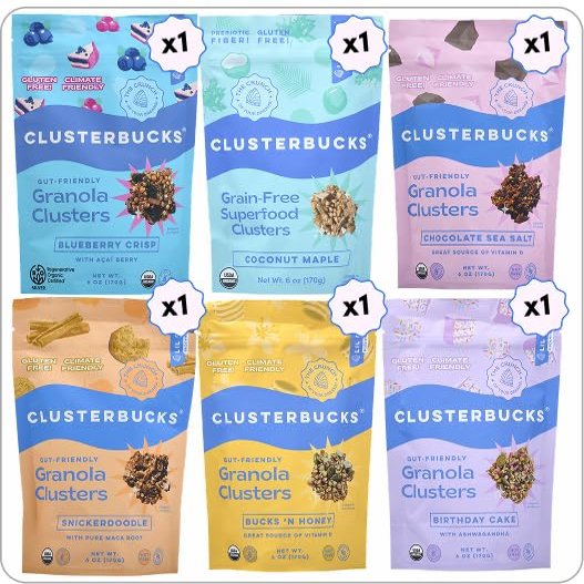 Clusterbucks Superfood Clusters Grain-Free, Keto-Friendly Granola with Regeneratively Grown Sprouted Buckwheat Gluten-Free, Low-Carb, Organic Healthy Snack (6 Ounce (Pack of 6), Variety #1)