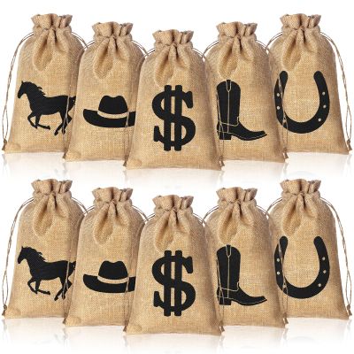 Vincreem 25 Pieces 6 x 10 Inch Western Horse Party Favor Horse Party Bags with Drawstring Reusable Burlap Pattern with Horseshoe, Cowboy Boots, Cowboy Hat Dollar Bags for Cowgirl Birthday Decor