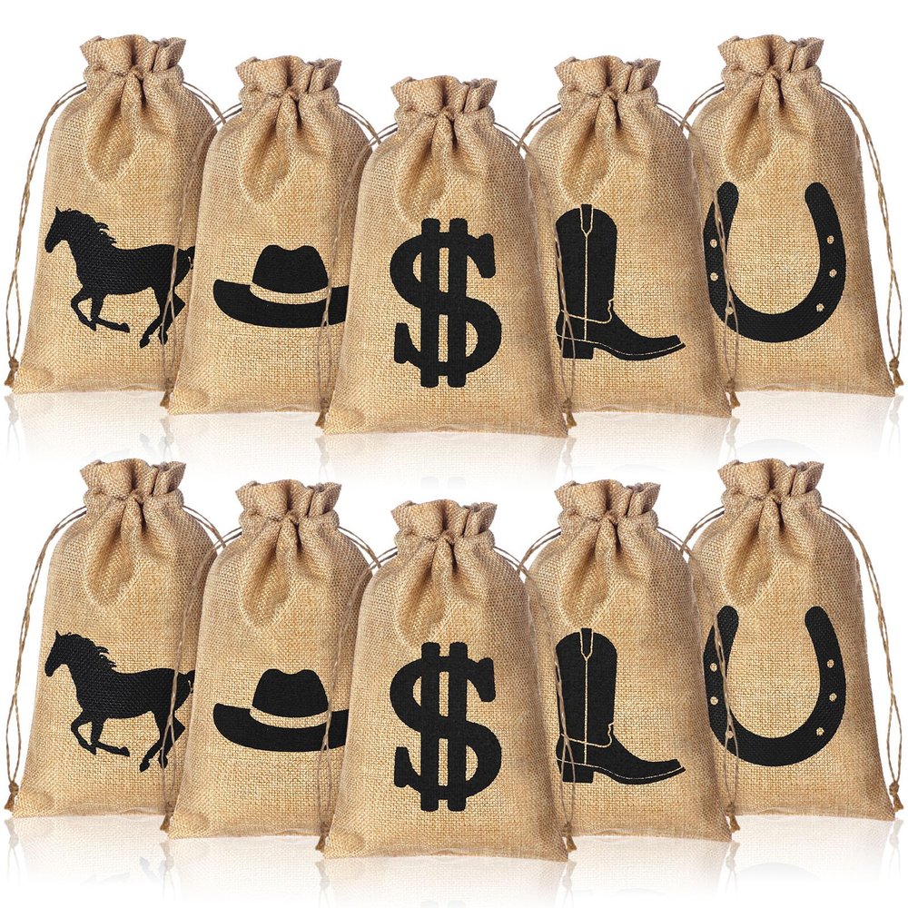 Vincreem 25 Pieces 6 x 10 Inch Western Horse Party Favor Horse Party Bags with Drawstring Reusable Burlap Pattern with Horseshoe, Cowboy Boots, Cowboy Hat Dollar Bags for Cowgirl Birthday Decor