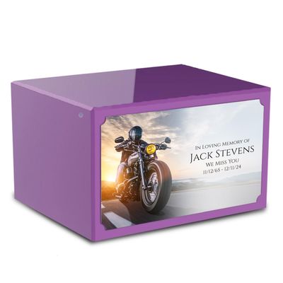 GetUrns Heritage Adult Purple Cremation Urn Box For Human Ashes I Motorcycle UV Printing Wooden Urns for Male and Female I 213lbs