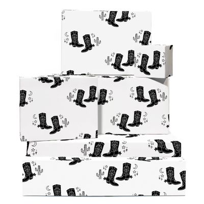 CENTRAL 23 Cowboy Wrapping Paper - 6 Sheets Of White Gift Wrap For Men Women - Black Cowboy Boot Cactus - Western Wild West Rodeo - Comes With Stickers