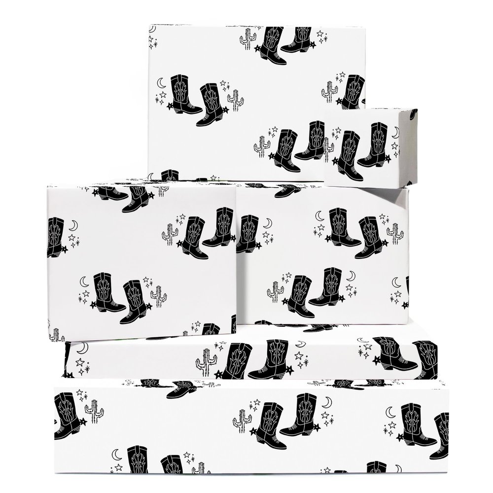 CENTRAL 23 Cowboy Wrapping Paper - 6 Sheets Of White Gift Wrap For Men Women - Black Cowboy Boot Cactus - Western Wild West Rodeo - Comes With Stickers