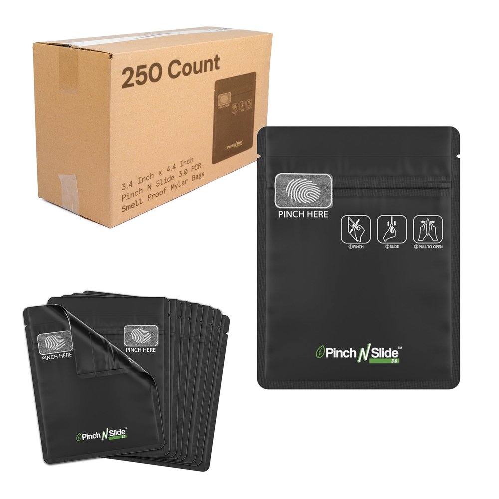 250 Pcs - 3.4 Inch x 4.4 Inch Pinch N Slide 3.0 Matte Black PCR Smell Proof Mylar Bags Child Resistant & Tamper Evident - 1 Gram