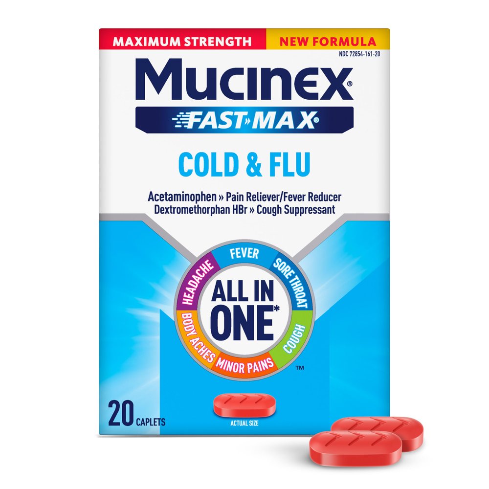 Mucinex Fast-Max Maximum Strength Cold and Flu Medicine for Adults, Powerful Over-the-Counter Medication for 6 Different Cold & Flu Symptoms, Fast Release Caplets, 20 Count