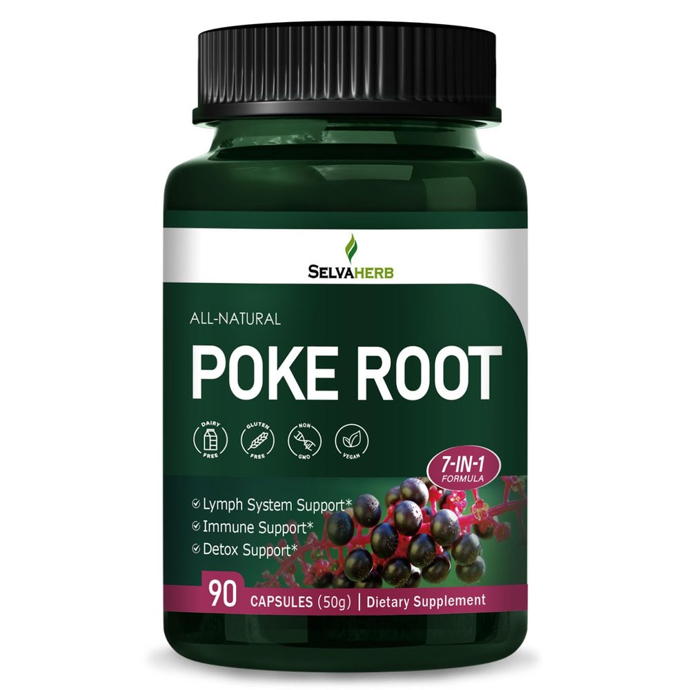 Selvaherb Lymphatic Support Pure Capsules, Poke Root Extract for Lymph System Support, Immune Support & Detox Support. 90 Count