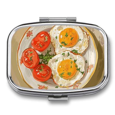 Eggs and Tomatoes Pill Box Travel Pill Organizer 2 Compartment Weekly Pill Case with Mirror A Day Medicine Container Medicine Organizer for Purse, Pocket, Or Wallet