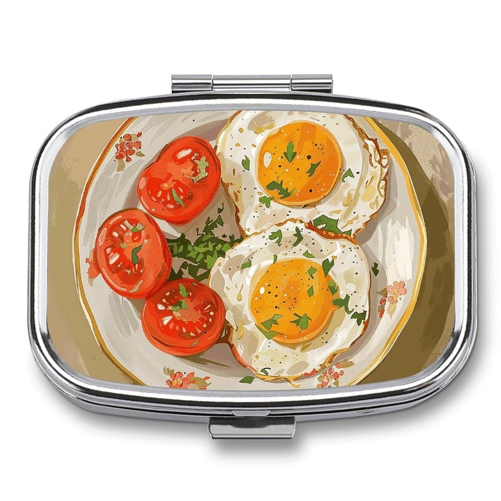 Eggs and Tomatoes Pill Box Travel Pill Organizer 2 Compartment Weekly Pill Case with Mirror A Day Medicine Container Medicine Organizer for Purse, Pocket, Or Wallet