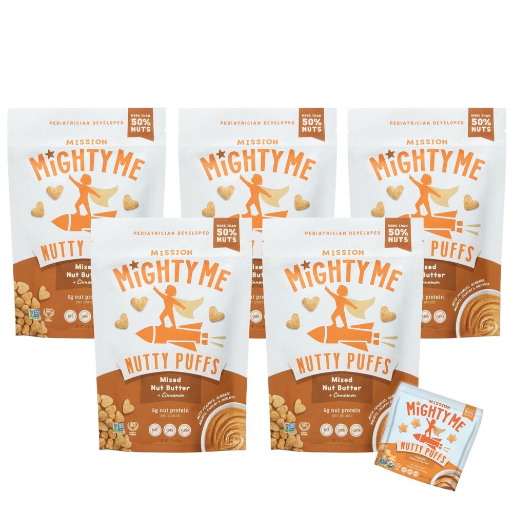 Mission Mighty Me Nutty Puffs Mixed Nut Butter Puffs for Babies + Kids - Pediatrician Developed, Plant-Based Gluten-Free Baby Snack - Peanut, Tree Nut, Cinnamon (6 Pack - 5 Pack Plus Peanut Sample)