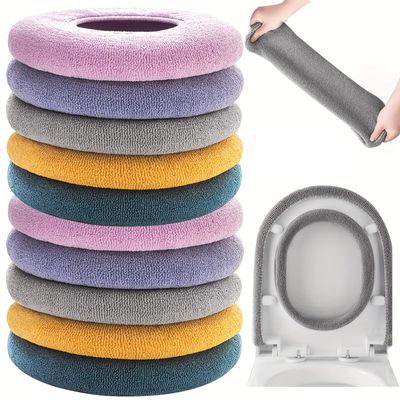 10 Pcs Bathroom Soft Thicker Warmer Stretchable Washable Cloth Toilet Seat Cover Pads (5 colors, 2 of each)
