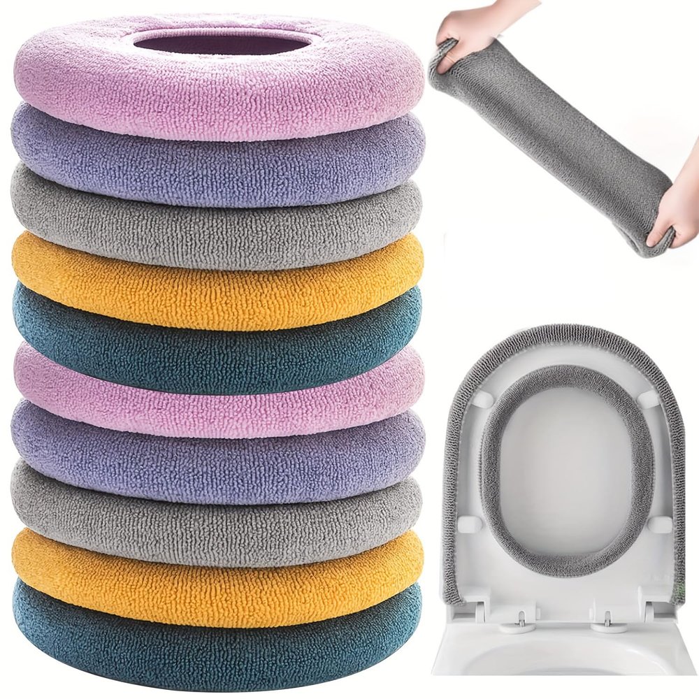 10 Pcs Bathroom Soft Thicker Warmer Stretchable Washable Cloth Toilet Seat Cover Pads (5 colors, 2 of each)