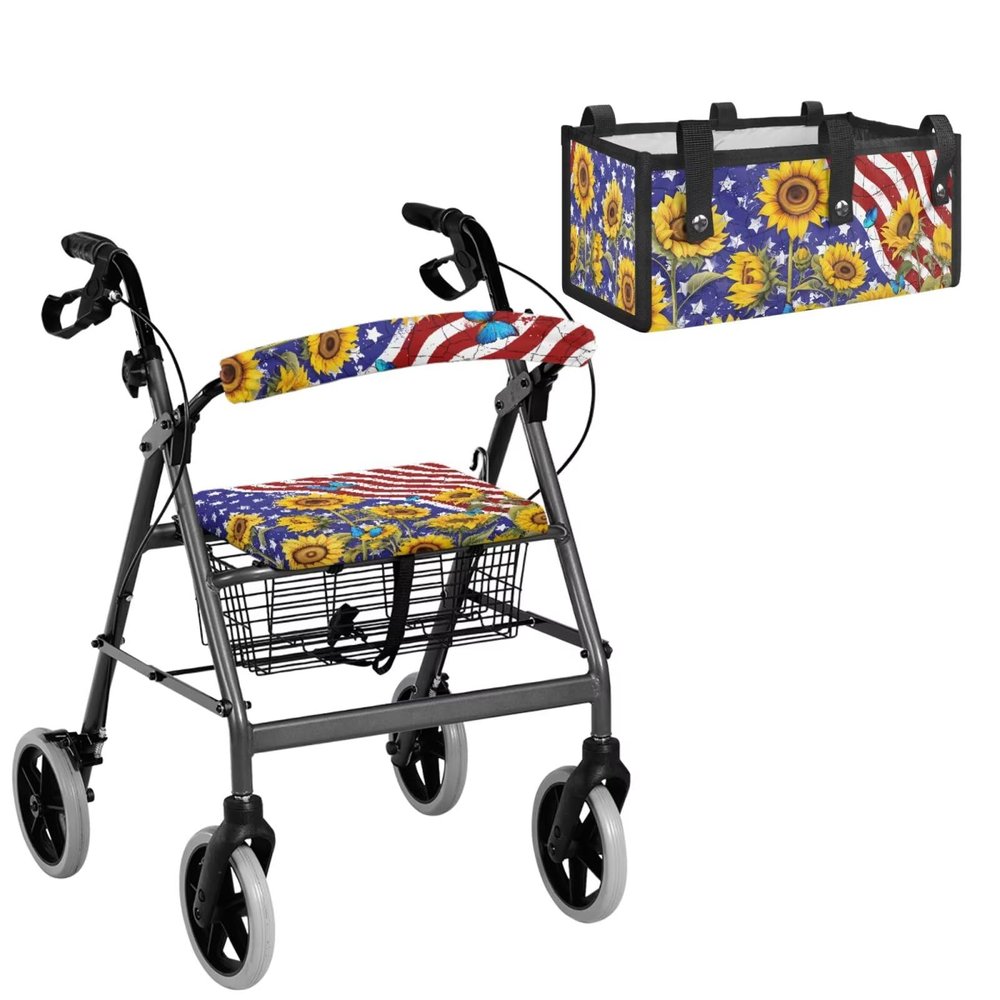 Uacyareni Sunflower American Flag Rollator Walker Basket with Walker Seat and Back Cover 3 Piece Removable Washable Universal Dust Cover Accessories