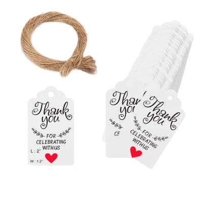 100Pcs Thank You Tags with String - 1.2'' x 2'' Thank You for Celebrating with Us Tags, White Paper Gifts Tag with Hanging String for Party Favors Wedding Bridal Baby Shower Birthday Gift Bags