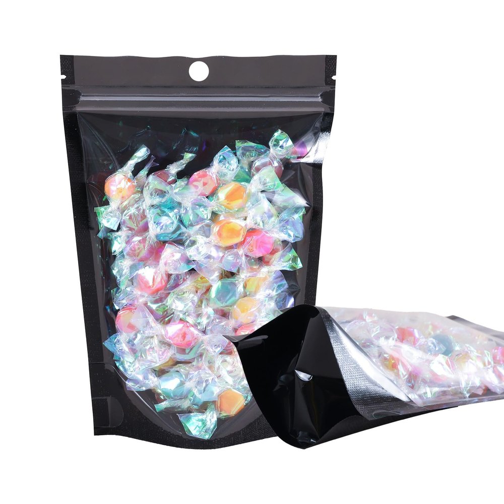 100 Pack Smell Proof Bags, Resealable Mylar Bag with Clear Window, Foil Pouch Stand-up for Food Self Sealing Storage, Scratch Resistant Hand Storage. (Black, 3.95.9 inch)
