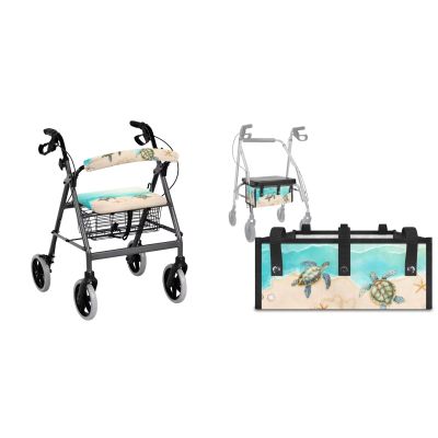 LVEWYB Beach Sea Turtle 3Pcs Rollator Walker Decoration with Under Seat Bag Seat and Backrest Covers for Ladies Walker Seat Cushion Cover Soft Rollator Walker Basket for Senior