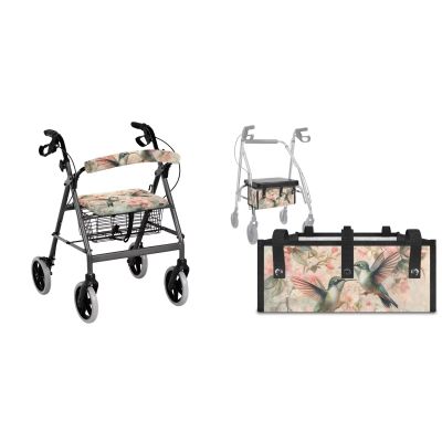 LVEWYB Hummingbird Peach Flower 3PCS Rollator Walker Basket Accessories for Seniors Walker Basket Under Seat Bag Walker Seat and Backrest Rollbar Covers Set Walker Decorations Adjustable