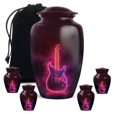 Artistic Guitar Urn for Ashes, Symphony Inspired Memorial Gift, Harmony Tribute Cremation Urns for Adults, Maroon Legacy for Male & Female, Combo (1Pc 10 Inch & 4Pcs 3 Inch)