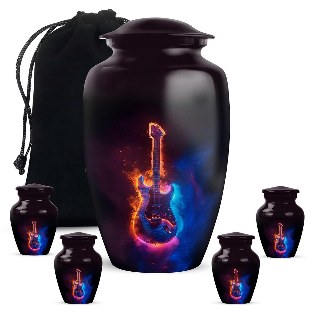 Cremation Urn for Human Ashes, Guitar Memorial Urns, Themed for Human Adults, Black Remembrance for Men & Women, 10 Inch, Combo (1Pc 10 Inch & 4Pcs 3 Inch)