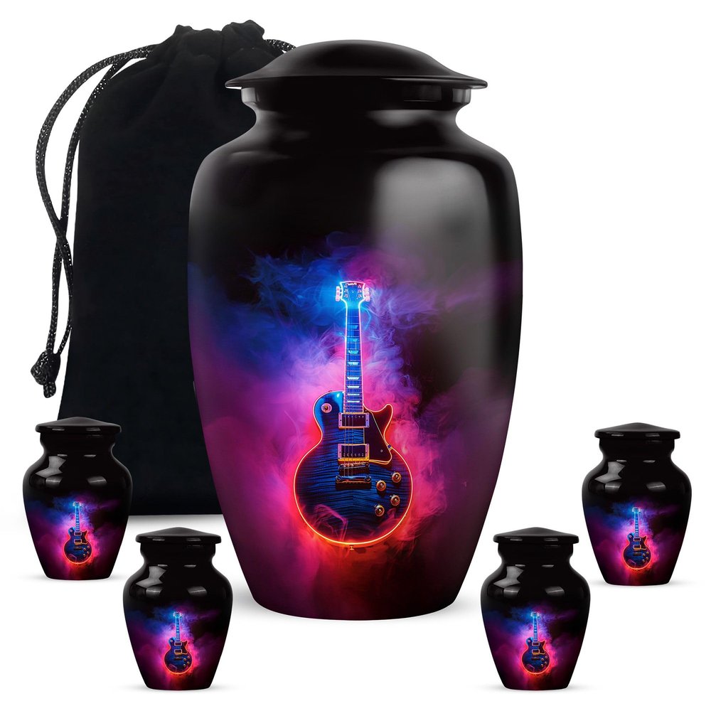 Guitar Urn for Ashes, Decorative Memorial Urns for Adults, Memorial Gift for Men & Women, Black, Combo, (1Pc 10 Inch & 4Pcs 3 Inch)