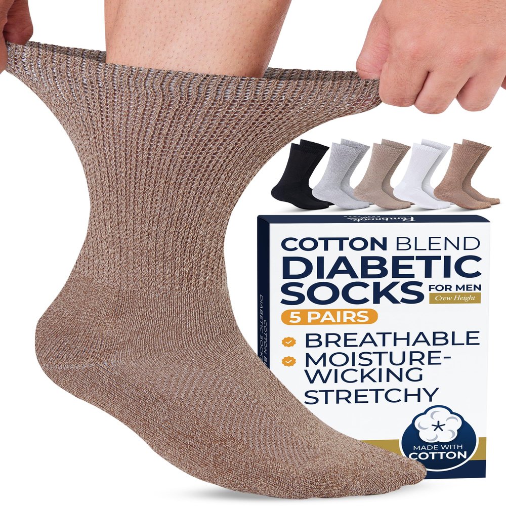 Pembrook Cotton Diabetic Socks for Men - 5 Pairs Crew Mens Diabetic Socks Size 10-13 for Neuropathy, Non-Binding, Extra Wide Top, Black, White, Gray, Marled Brown, Marled Tan