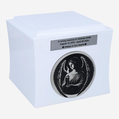 Angel Cremation urn for Ashes Memorial urn with Engraved Angel Personalized Funeral Box Casket (White / Design1 / Plaque)