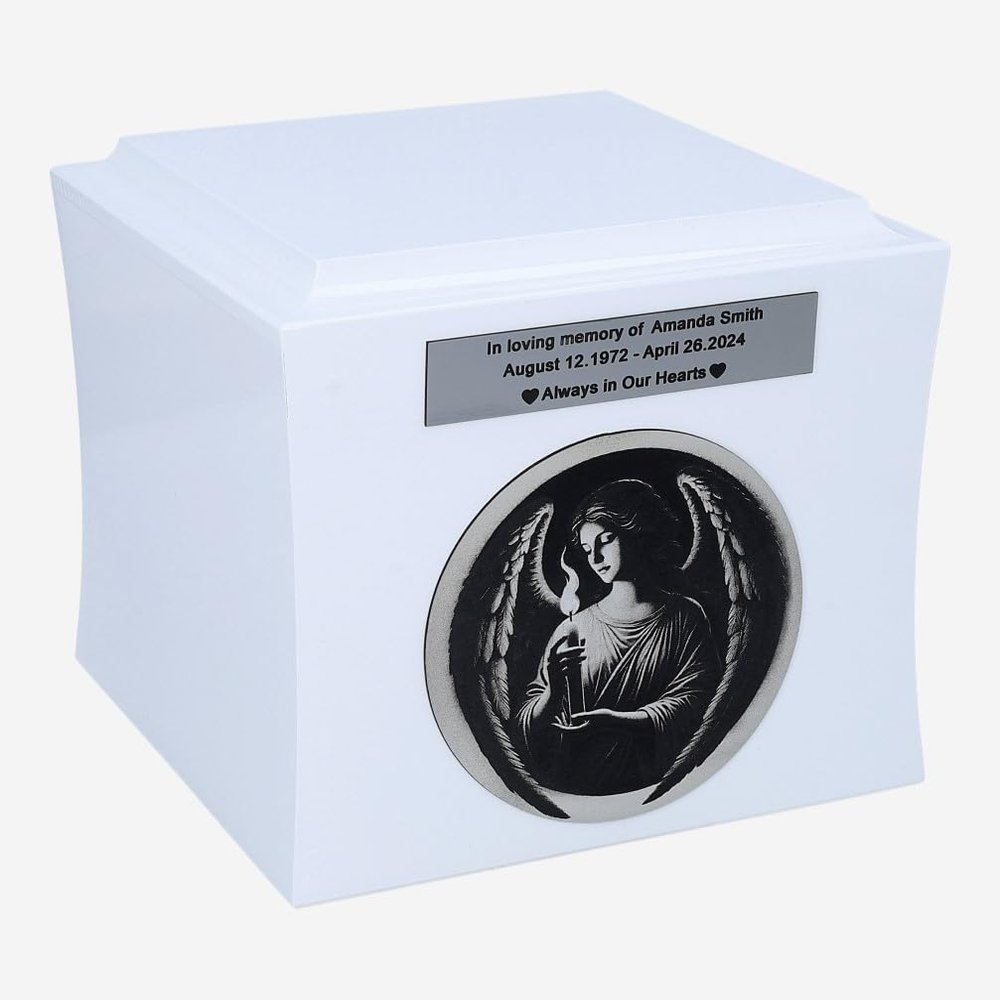 Angel Cremation urn for Ashes Memorial urn with Engraved Angel Personalized Funeral Box Casket (White / Design1 / Plaque)