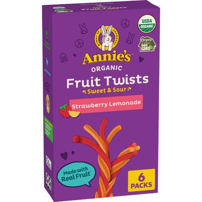 Annie's Organic Sweet and Sour Fruit Twists, Strawberry Lemonade Fruit Flavored Snacks, 6 Count, 3.84 oz