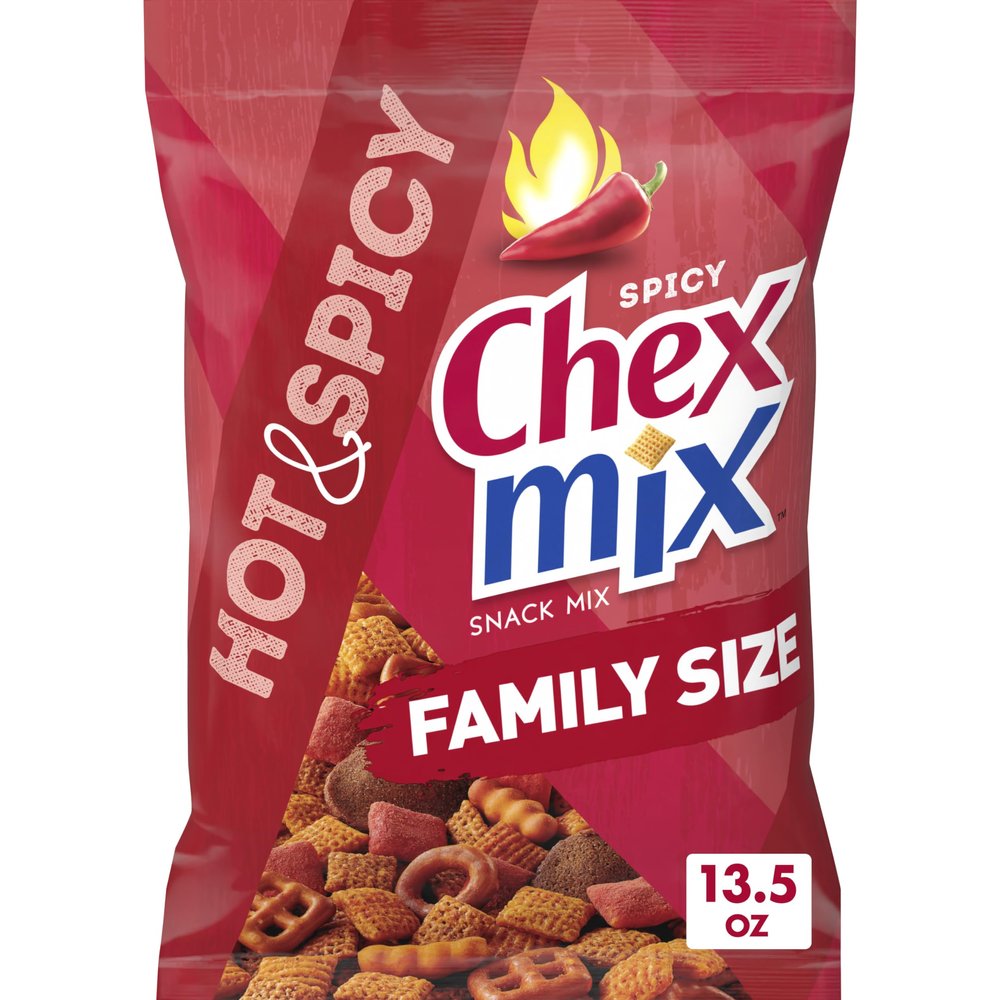Chex Mix Hot and Spicy Snack Mix, Savory Snack Bag, Family Size, 13.5 oz