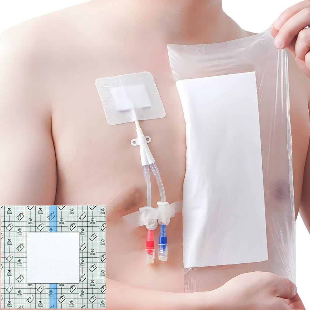 12"x12" Waterproof Dialysis Port Shower Covers Protector for Chest with No Glue On The Center, PICC Line Chest Port Shield Island Bandage Dressing Accessories, Pack of 7