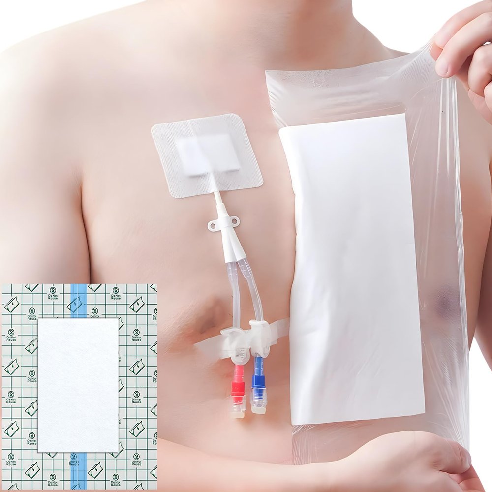 12"x15.7" Waterproof Dialysis Port Shower Covers Protector for Chest with No Glue On The Center, PICC Line Chest Port Shield Island Bandage Dressing Accessories, Pack of 7