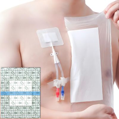 12"x13.7" Waterproof Dialysis Port Shower Covers Protector for Chest with No Glue On The Center, PICC Line Chest Port Shield Island Bandage Dressing Accessories, Pack of 7