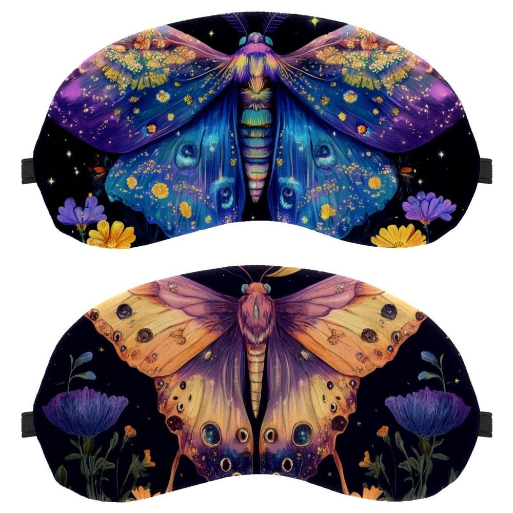 2 Pack Sleep Eye Mask for Women Men, Soft Breathable Eye Cove No Pressure Blackout Night Blindfold for Sleeping Light Blocking with Adjustable Strap, Moth Moon Flowers