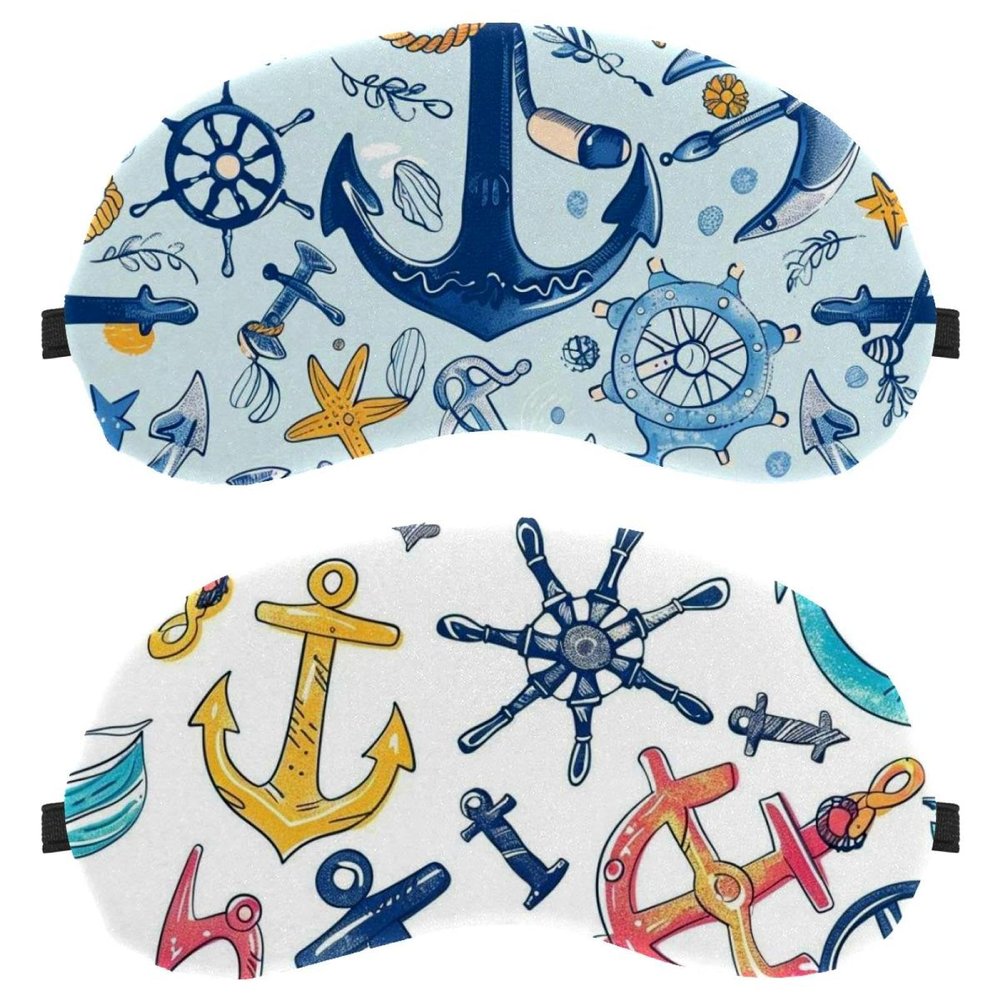 2 Pack Sleep Eye Mask for Women Men, Soft Breathable Eye Cove No Pressure Blackout Night Blindfold for Sleeping Light Blocking with Adjustable Strap, Doodle Anchors and Handwheels