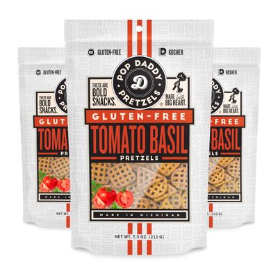 Pop Daddy Gluten Free Pretzels, Healthy Gourmet Flavored Pretzels, 7.5oz Individual Bags, 3 Pack, Tomato Basil