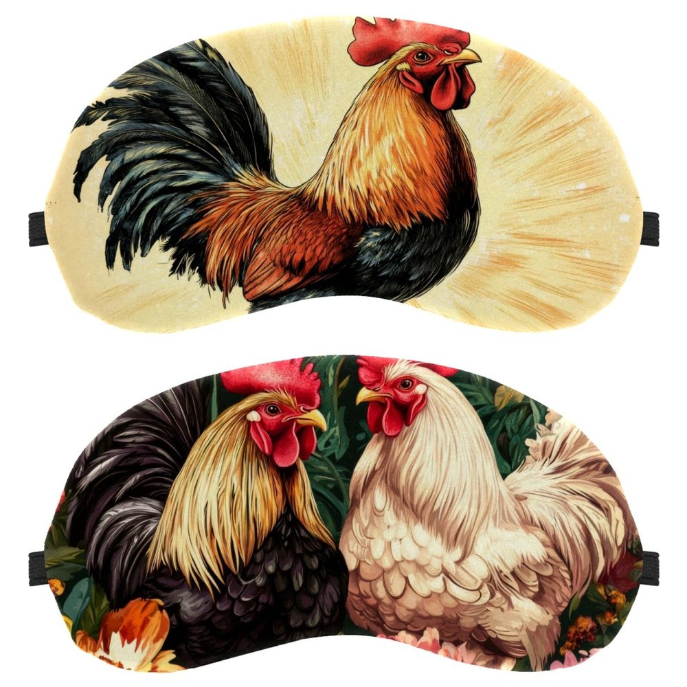 2 Pack Sleep Eye Mask for Women Men, Soft Breathable Eye Cove No Pressure Blackout Night Blindfold for Sleeping Light Blocking with Adjustable Strap, Rooster Flowers