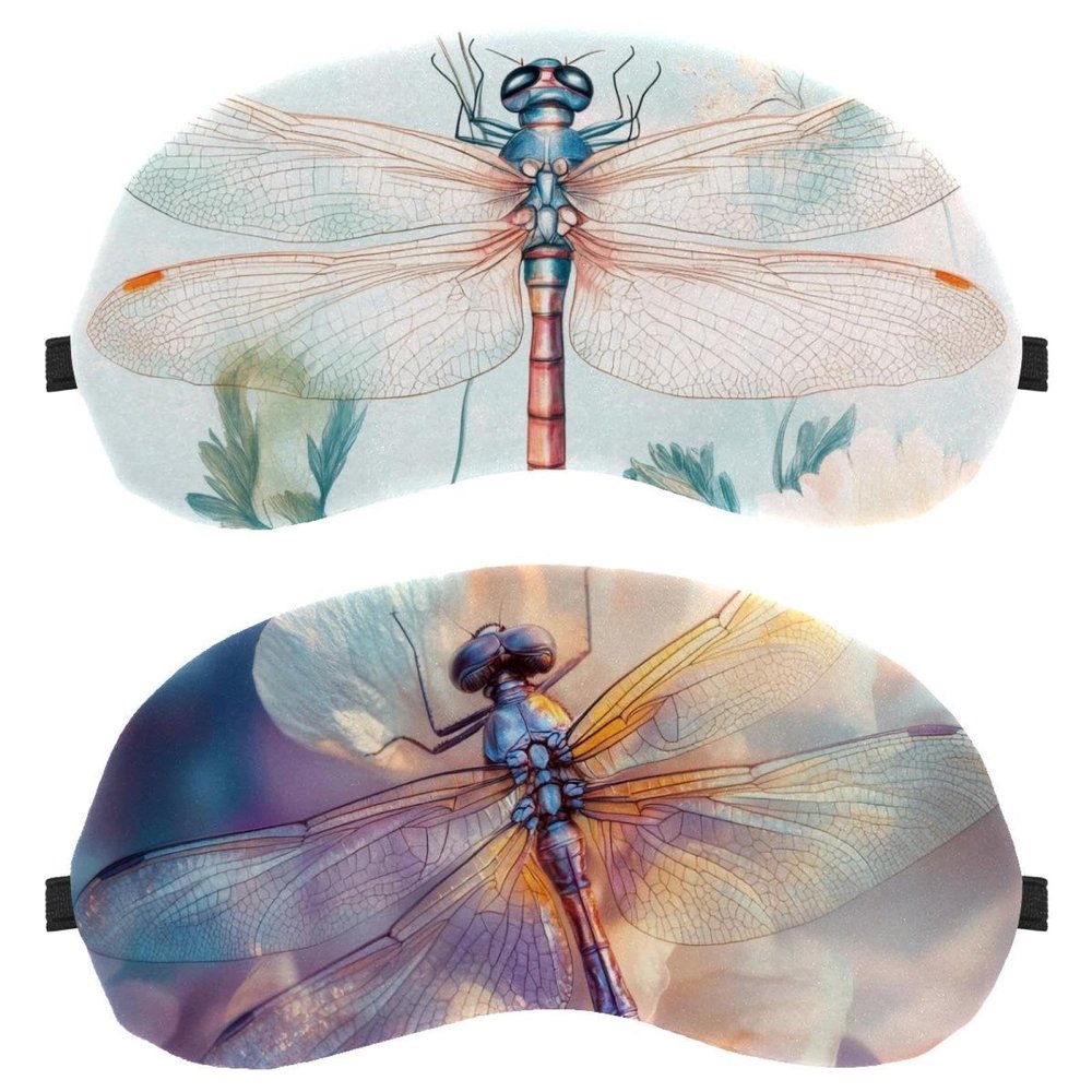 2 Pack Sleep Eye Mask for Women Men, Soft Breathable Eye Cove No Pressure Blackout Night Blindfold for Sleeping Light Blocking with Adjustable Strap, Pink Flowers and Dragonfly