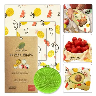 EcoHMVerve Organic Beeswax Wraps - Reusable Food Wrap for Sandwiches, Bread & Cheese | Bee Wrap with multifunctional brush, 3 Sizes Plastic-Free (Multipack)