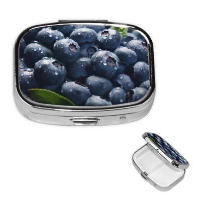 Delicious Blueberry Pill Box 2 Compartment Square Portable Pill Case for Pocket or Purse Small Weekly Medicine Planner Travel Pillbox with Mirror Decorative Metal Vitamin Holder Gifts