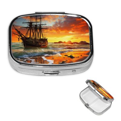 Pirate Ship in The Sunset Pill Box 2 Compartment Square Portable Pill Case for Pocket or Purse Small Weekly Medicine Planner Travel Pillbox with Mirror Decorative Metal Vitamin Holder Gifts
