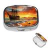 Pirate Ship in The Sunset Pill Box 2 Compartment Square Portable Pill Case for Pocket or Purse Small Weekly Medicine Planner Travel Pillbox with Mirror Decorative Metal Vitamin Holder Gifts view 1