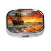 Pirate Ship in The Sunset Pill Box 2 Compartment Square Portable Pill Case for Pocket or Purse Small Weekly Medicine Planner Travel Pillbox with Mirror Decorative Metal Vitamin Holder Gifts view 2
