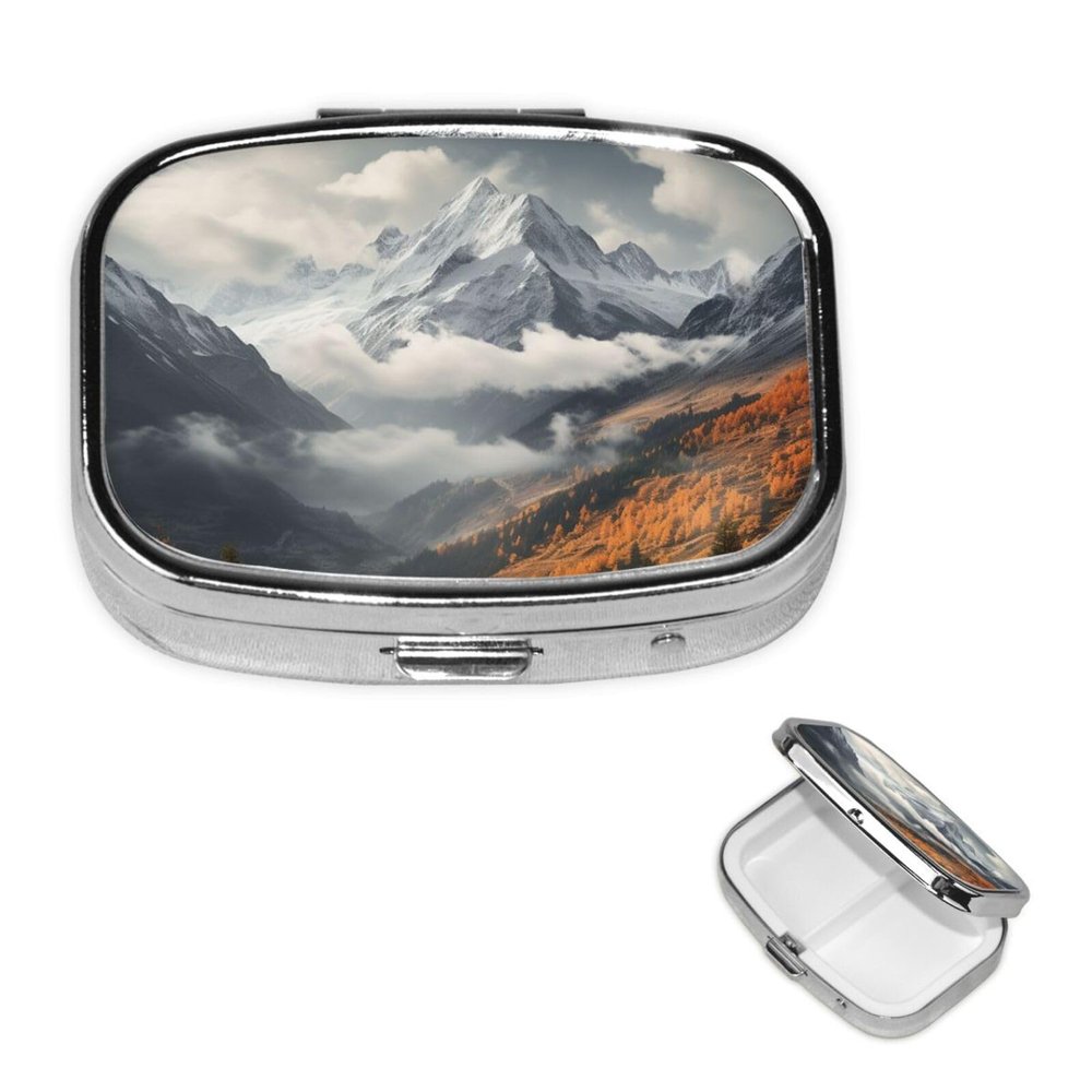 Mountain top Clouds Pill Box 2 Compartment Square Portable Pill Case for Pocket or Purse Small Weekly Medicine Planner Travel Pillbox with Mirror Decorative Metal Vitamin Holder Gifts