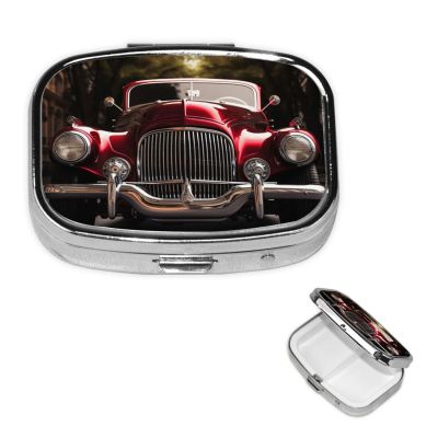 Classic Car Pill Box 2 Compartment Square Portable Pill Case for Pocket or Purse Small Weekly Medicine Planner Travel Pillbox with Mirror Decorative Metal Vitamin Holder Gifts