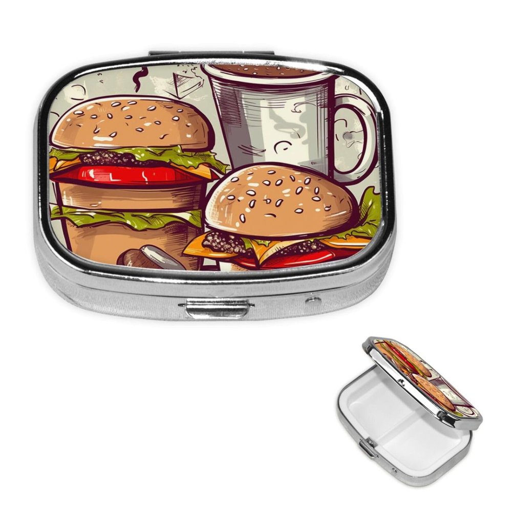 Funny Food Hamburgers and Mugs Pill Box 2 Compartment Square Portable Pill Case for Pocket or Purse Small Weekly Medicine Planner Travel Pillbox with Mirror Decorative Metal Vitamin Holder Gifts