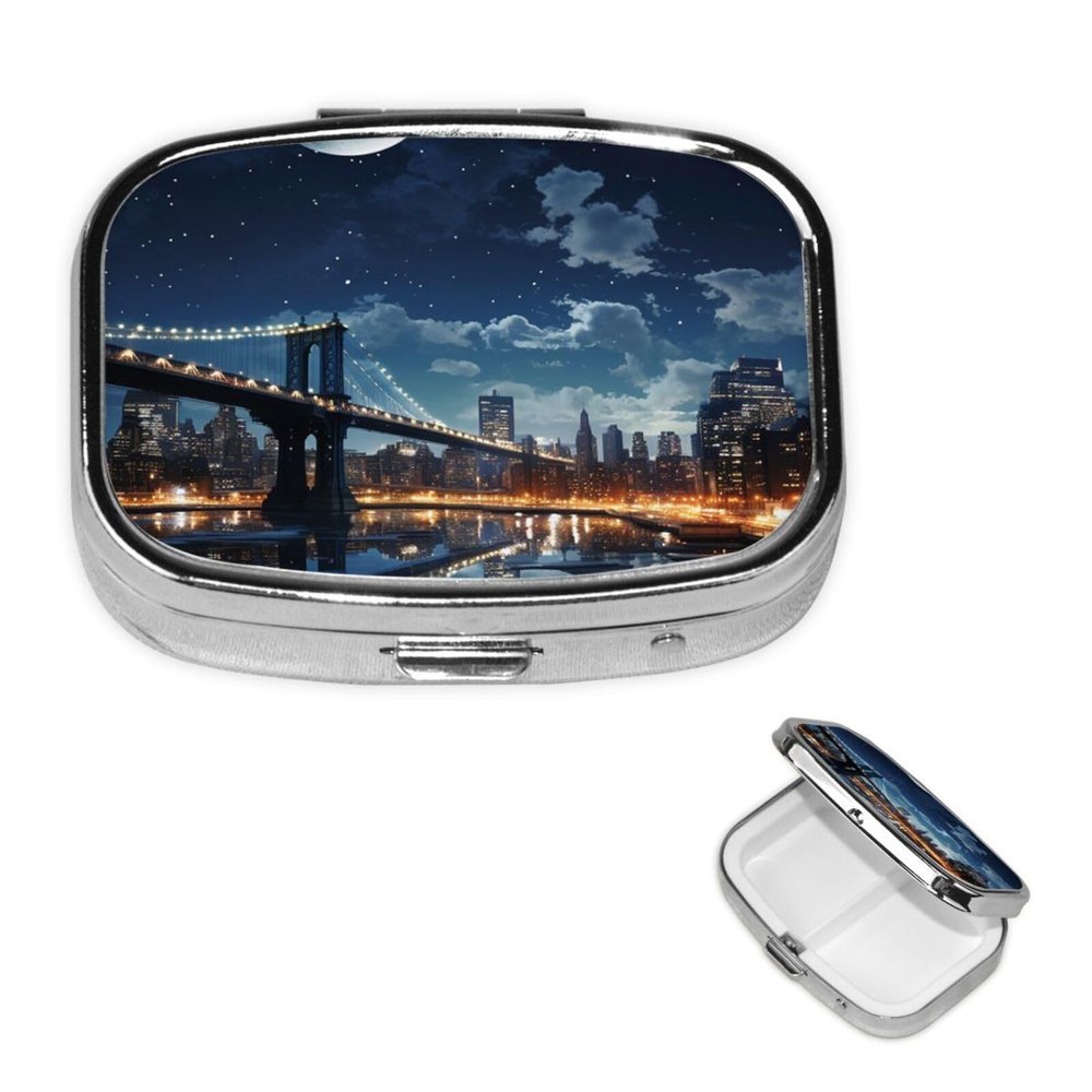 Moon Light New York City Pill Box 2 Compartment Square Portable Pill Case for Pocket or Purse Small Weekly Medicine Planner Travel Pillbox with Mirror Decorative Metal Vitamin Holder Gifts