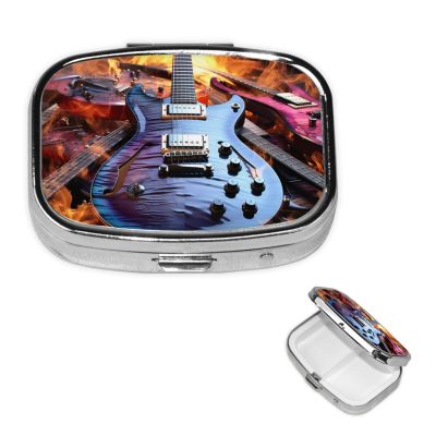 Magic Electric Guitar Music Pill Box 2 Compartment Square Portable Pill Case for Pocket or Purse Small Weekly Medicine Planner Travel Pillbox with Mirror Decorative Metal Vitamin Holder Gifts