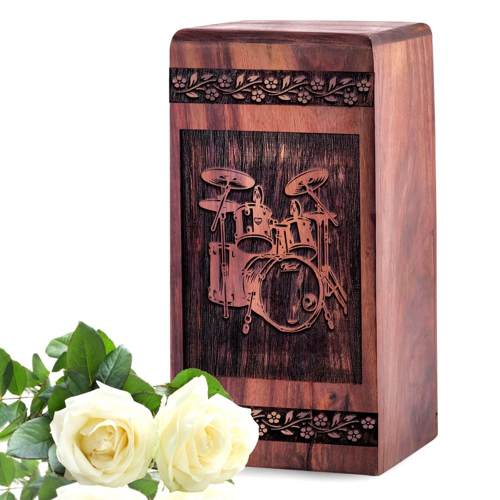 MUKTIVE 8 Inch Black Drum Set Large Unique Wooden Urns for Human Ashes - Handmade Urn for Ashes Adult Male - Pack of 1 with 115 Cubic Inches
