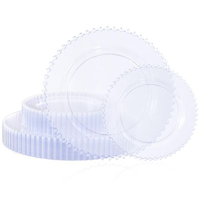 U-QE 60PCS Clear Plastic Plates - Fancy Beaded Plates Disposable Heavy Duty - Premium Hard Plastic Plate for Party, Wedding & Birthday Including 30 Dinner10 & 30 Dessert Plate 7"