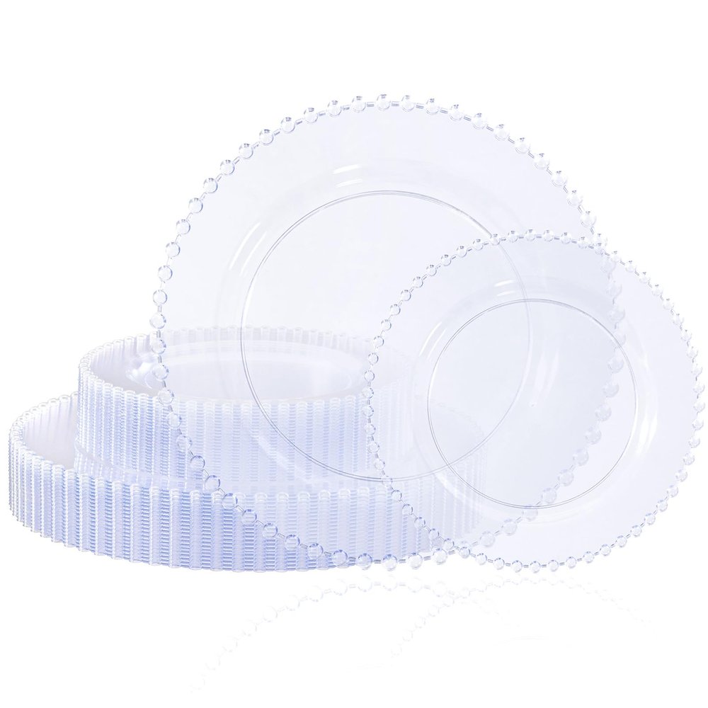 U-QE 60PCS Clear Plastic Plates - Fancy Beaded Plates Disposable Heavy Duty - Premium Hard Plastic Plate for Party, Wedding & Birthday Including 30 Dinner10 & 30 Dessert Plate 7"