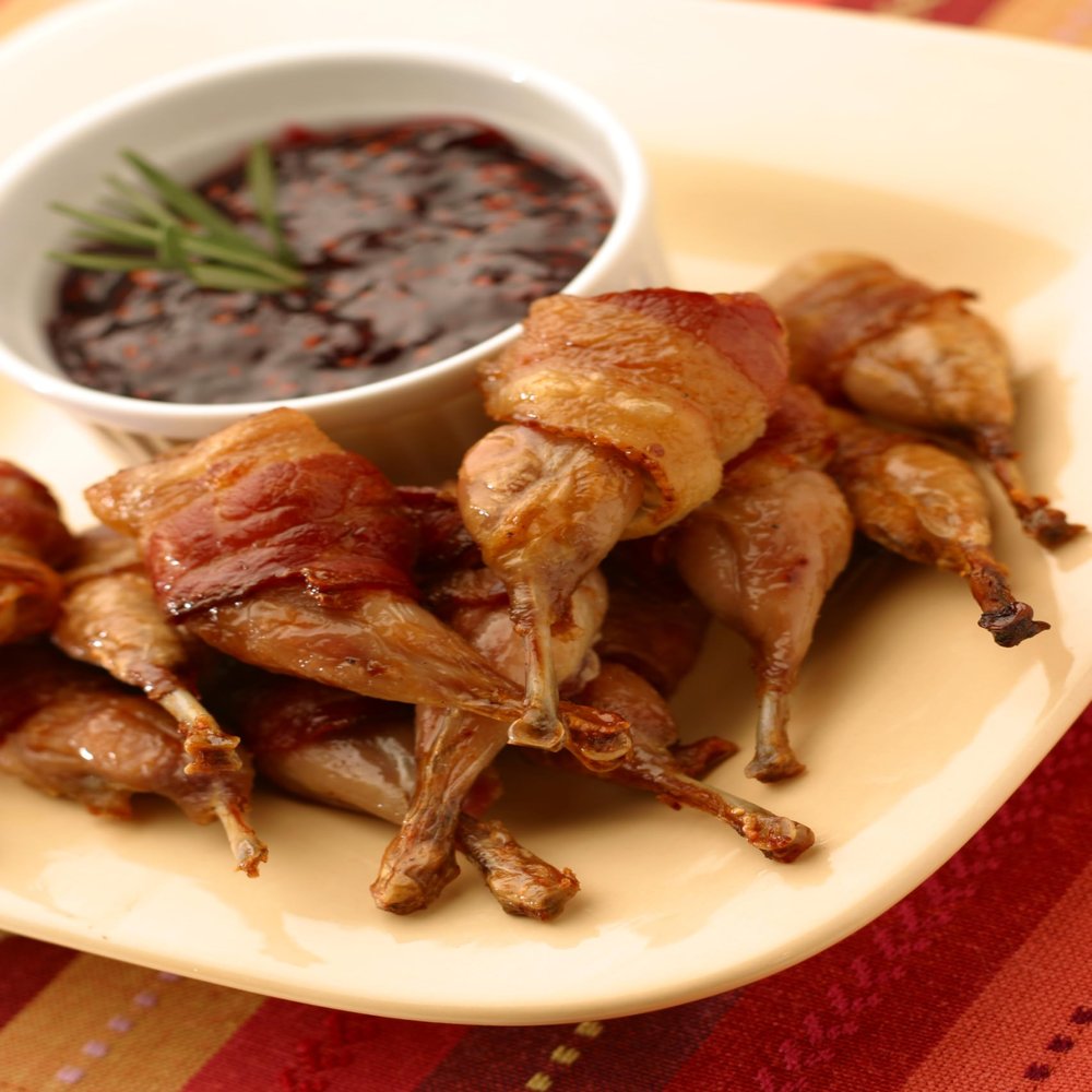 Manchester Farms Bacon Wrapped Quail Leg, Marinated, Partially Boned, 80 Count, All-Natural, Certified Humane